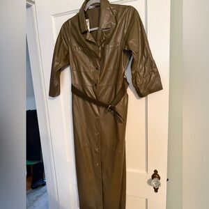 Zara Olive Green Faux Leather Long Sleeve Shirt Dress